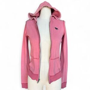 Abercrombie & Fitch double zip up pink hoodie with navy blue moose embroidery